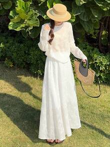 DAZY Bộ đồ nữ thường ngày kiểu dáng đi nghỉ mát, gồm áo dài tay và chân váy, chất liệu vải dệt họa tiết, thích hợp cho mùa thu hè. - trắng - Xem 3