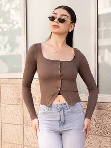 Andrea Bello Women's Y2k Minimalist Casual And Cute Vintage American Style Square-Neck Solid-Color Long-Sleeved Fashionable Blouse, Spring/Summer, Suitable For Daily Campus Hot Girl Outfits, And Home Casual Wear T-Shirt - Army Green - View 3