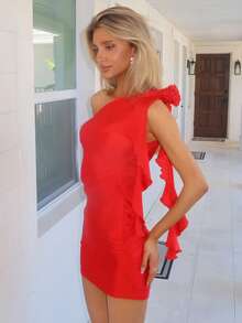 Sydney Algeri One Shoulder Ruched Ruffle Trim 3D Rosette Bodycon Pink Dress - Red - View 5