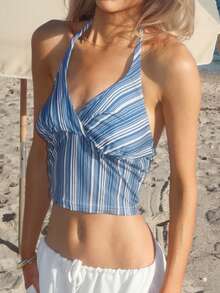 Sydney Algeri Casual Striped Backless Halter Crop Top, Summer - Multicolor - View 3