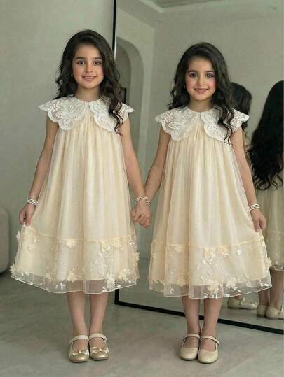 SHEIN فستان أنيق بياقة مزينة باللؤلؤ وذيل مكسر على شكل خط A، لون المشمش، للربيع/الصيف