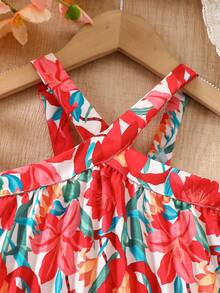 SHEIN Young Girls Casual Sleeveless Tropical Floral Print Dress, Spring/Summer New Arrival - Red - View 5