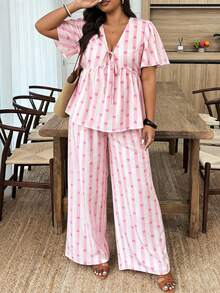 Weeklong Plus Size Women's Casual Striped Heart Print Deep V-Neck Ruffle Hem Vacation Outfit, Spring/Summer - Multicolor - View 4