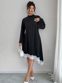 Elenzga Plus Size Black Bell Sleeve Asymmetric Hem Lace Patchwork Dress, Fashion For Autumn/Winter Fall - Black - View 4