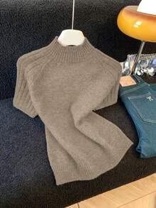 Resyla 女士时尚宽松针织上衣，优雅休闲短袖套头衫，适合初秋和夏季穿着，时尚百搭 - 卡其色 - 查看 3