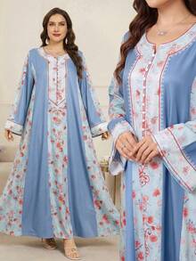 Al Najma Modest Multicolor Plus Size Arabian Dress With Random Print And Scoop Neck Long Flare Sleeves Flowy Flared Hem - Multicolor - View 5