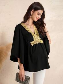 SHEIN Fashionable Gold Thread Lace Batwing Sleeve Maternity Top - Black - View 1