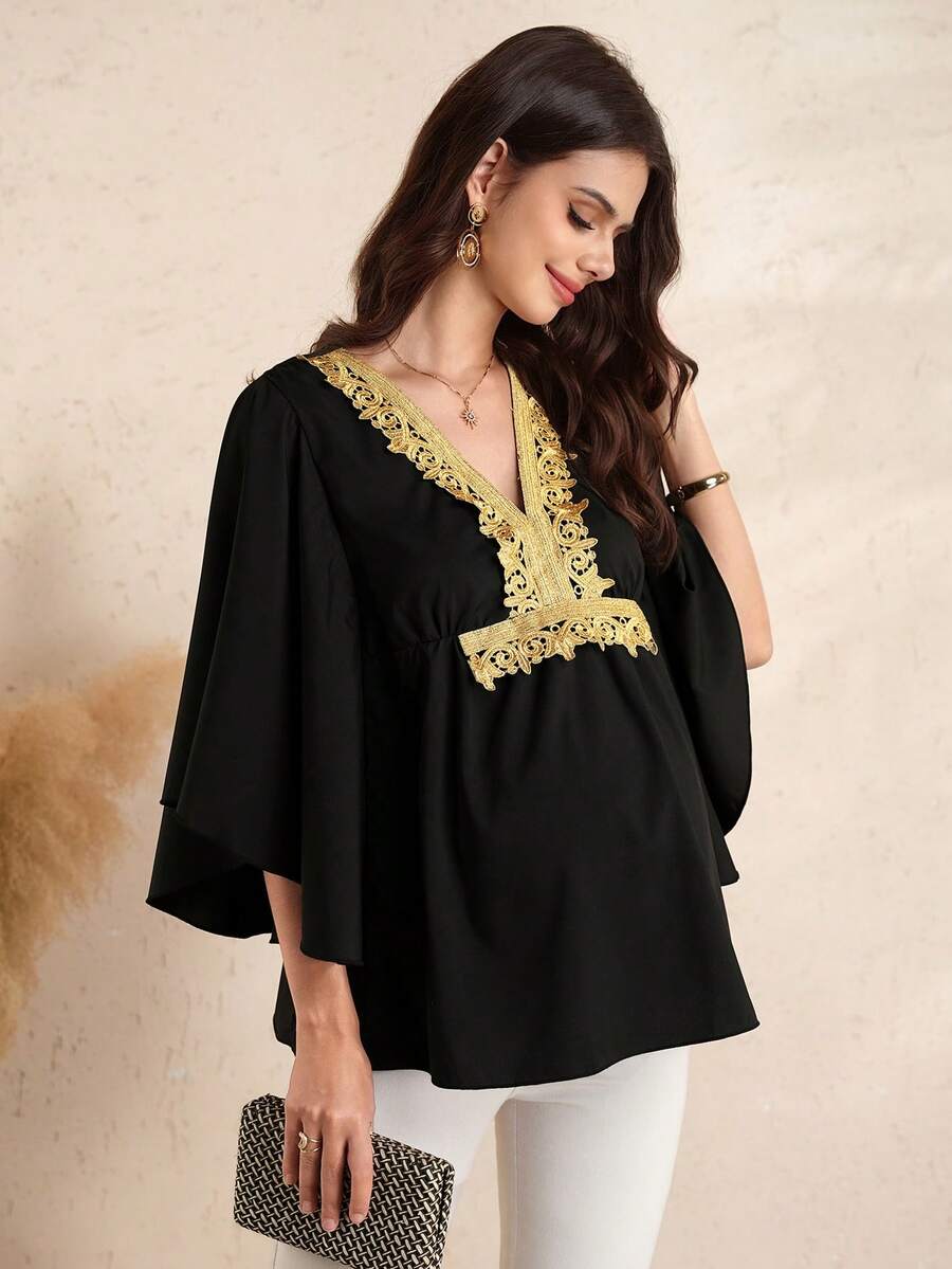 SHEIN Fashionable Gold Thread Lace Batwing Sleeve Maternity Top - Black - View 1