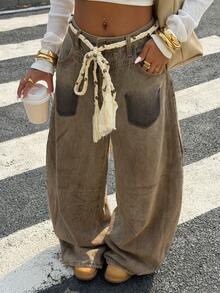 Easelle 休闲宽松阔腿百搭日常纽扣女式牛仔裤 - 卡其色 - 查看 5