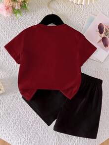 SHEIN Genkimix Kids 2件套 女童休闲甜美日常圆领短袖露脐T恤，带3D蝴蝶结装饰和松紧腰短裤 - 酒紅色 - 查看 2