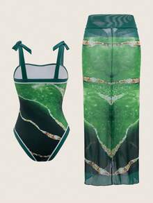 Swim Oasis 女士撞色不对称印花连体泳衣，夏季 - 綠色 - 查看 2