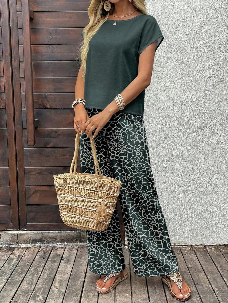 EMERY ROSE Set de 2 piezas: Blusa de cuello redondo holgada y pantalones de pierna ancha para mujer, conjunto versátil para primavera/otoño, casual - Multicolor - Ver 5