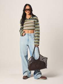 MISSGUIDED Striped Long Sleeve Crop Polo Top And High Waisted Wide Leg Jeans Two Piece Set - Multicolor - View 3