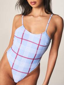 MISSGUIDED Plaid Check Pattern One Piece Swimsuit With Scoop Neckline And Spaghetti Straps Summer Beach Resort Swimwear - Blue - View 2