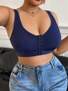 Sujetador inalámbrico de talla grande de unicolor simple con cierre delantero - Azul Marino - Ver 5