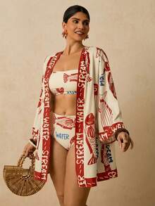 Travachic Plus Size Women's Apricot Ocean Fish Print Chiffon Kimono , Loose Mid-Length Sleeve Romantic Early Spring Beach Thermal Spring Pattern Women's Beach Kimono Summer 2026 Beach - Apricot - View 2