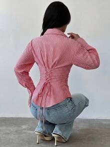 Firerie 女士蓝白条纹长袖衬衫，系带腰身，休闲通勤衬衫，度假衬衫，收腰条纹衬衫，适合春、夏、秋、冬四季穿着，优雅，度假风，波西米亚风，工作装 - 紅色 - 查看 7