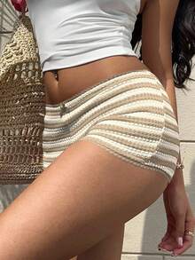 Aloruh Damen Shorts mit Schleifen-Dekor, gestreift, elegant, mit extra-niedriger Taille - Khaki - Übersicht 7