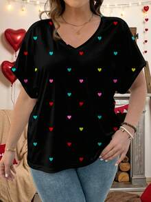 SHEIN CURVE+ Áo thun nữ tay ngắn dáng rộng, in hình trái tim nhiều màu sắc, cỡ US22, thích hợp cho lễ hội âm nhạc, kỳ nghỉ bên bờ biển, phong cách Bohemia, thích hợp cho mùa hè. - màu đen - Xem 5