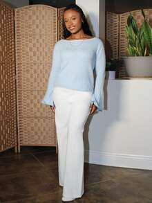 Steph T 女士新款优雅休闲日常百搭都市通勤套头针织毛衣，蓝色圆领长喇叭袖，开衩袖口，适合秋冬季，教师装，舒适秋季 - 藍色 - 查看 1