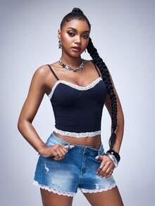 Y2Kool Women's Navy Blue And White Lace-Trimmed Cropped Tank Top Stylish And Versatile, Perfect For Dates And Parties Alike. - Navy Blue - View 3