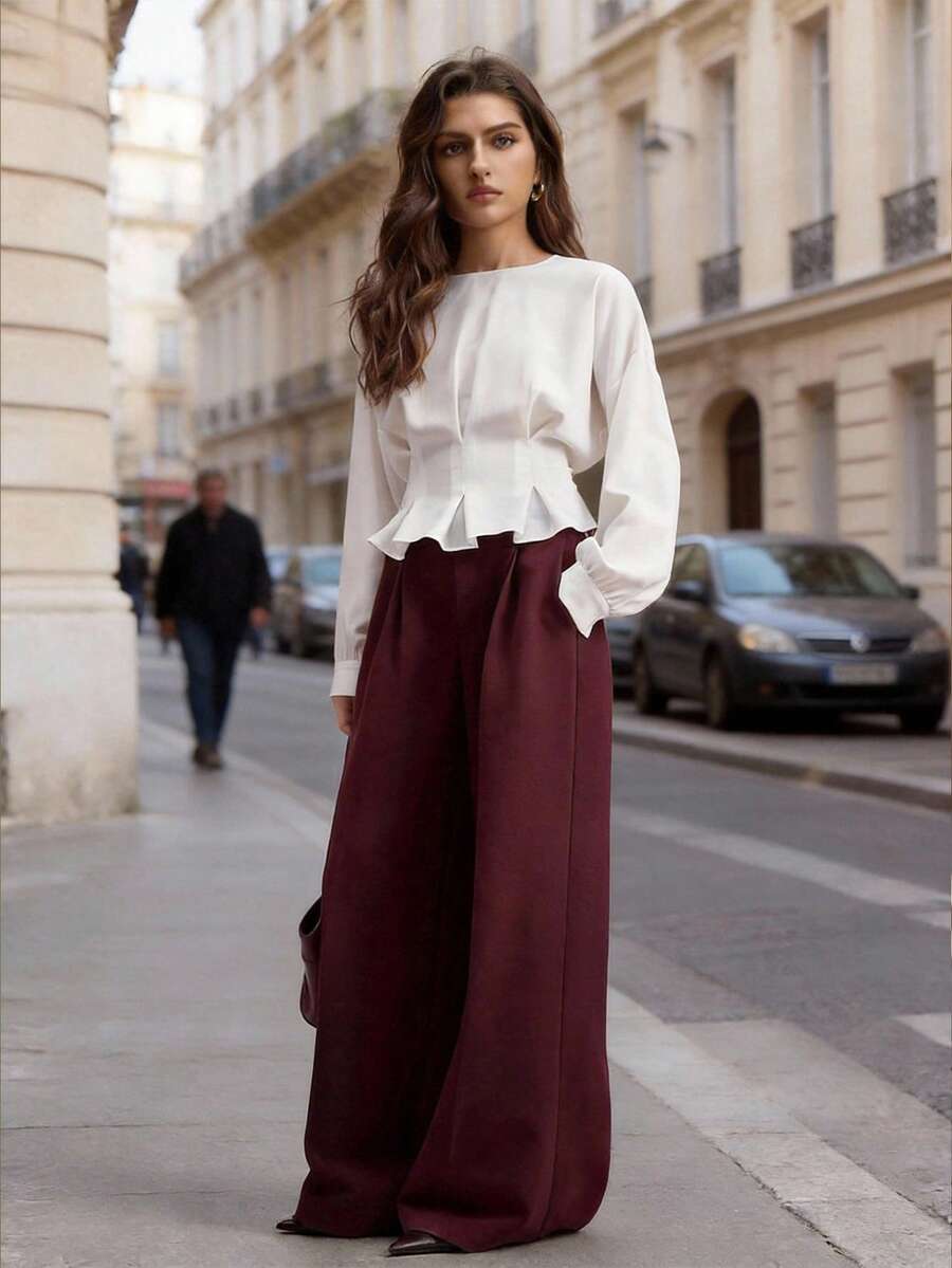 Ontre Áo kiểu nữ màu trắng ngà, chất liệu chiffon nhăn, cổ tròn, vai rớt, tay dài, thiết kế xếp ly phía trước, thắt eo, phong cách hiện đại, thanh lịch, thích hợp cho công sở, trang phục thường ngày thoải mái, thuộc dòng sản phẩm thiết kế cao cấp, chất lượng cao, đa năng và thoải mái.