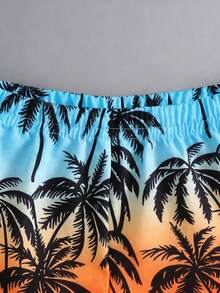 SHEIN Playful Pals 两件套：男婴/幼儿度假绿色热带植物图案渐变日落色短袖衬衫，松紧腰短裤套装。儿童服装。婴儿服装，幼儿衬衫，幼儿短裤，婴儿套装，适合6个月至3岁儿童。 - 藍色 - 查看 6