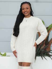 Steph T Women's Apricot Crew Neck Lantern Sleeve Cable Knit Loose Mini Sweater Dress, Crew Neck Long Sleeve Sweater Dress, Loose Sexy Sweater Dress, Relaxed Style, Spring/Autumn/Winter Clothing, Elegant, Commute, Casual, Daily, Minimalist, Work Outfit - Apricot - View 4