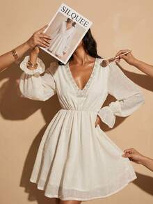 Modelyn Women's Elegant Commuter Rhinestone Decorated Mini Dress Lantern Sleeve Dress White Vintage Dress Boho White Dress - Apricot - View 6