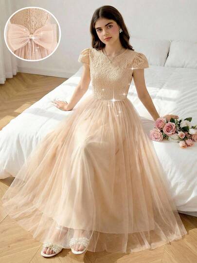 Tween Girl Elegant Contrast Lace Bow Decor Party Dress