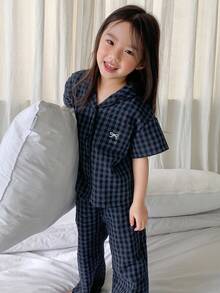 DAZY Young Girl Plaid Print Bow Embroidery Short Sleeve Shirt And Pants Pajama Set, Spring/Summer/Autumn - Navy Blue - View 7
