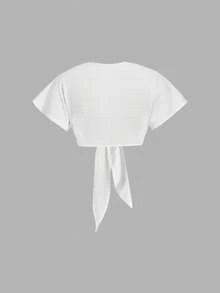 SHEIN MOD 女士时尚网纱打结露脐上衣，夏季 - 白色 - 查看 2