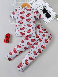 SHEIN 男童跑车卡通图案休闲修身舒适圆领短袖睡衣套装,适合所有季节 - 彩色 - 查看 3