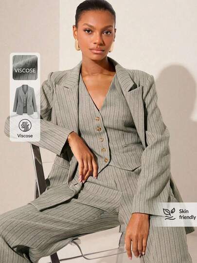 Lilora 女士条纹翻领双排扣西装外套和单排扣马甲休闲通勤套装