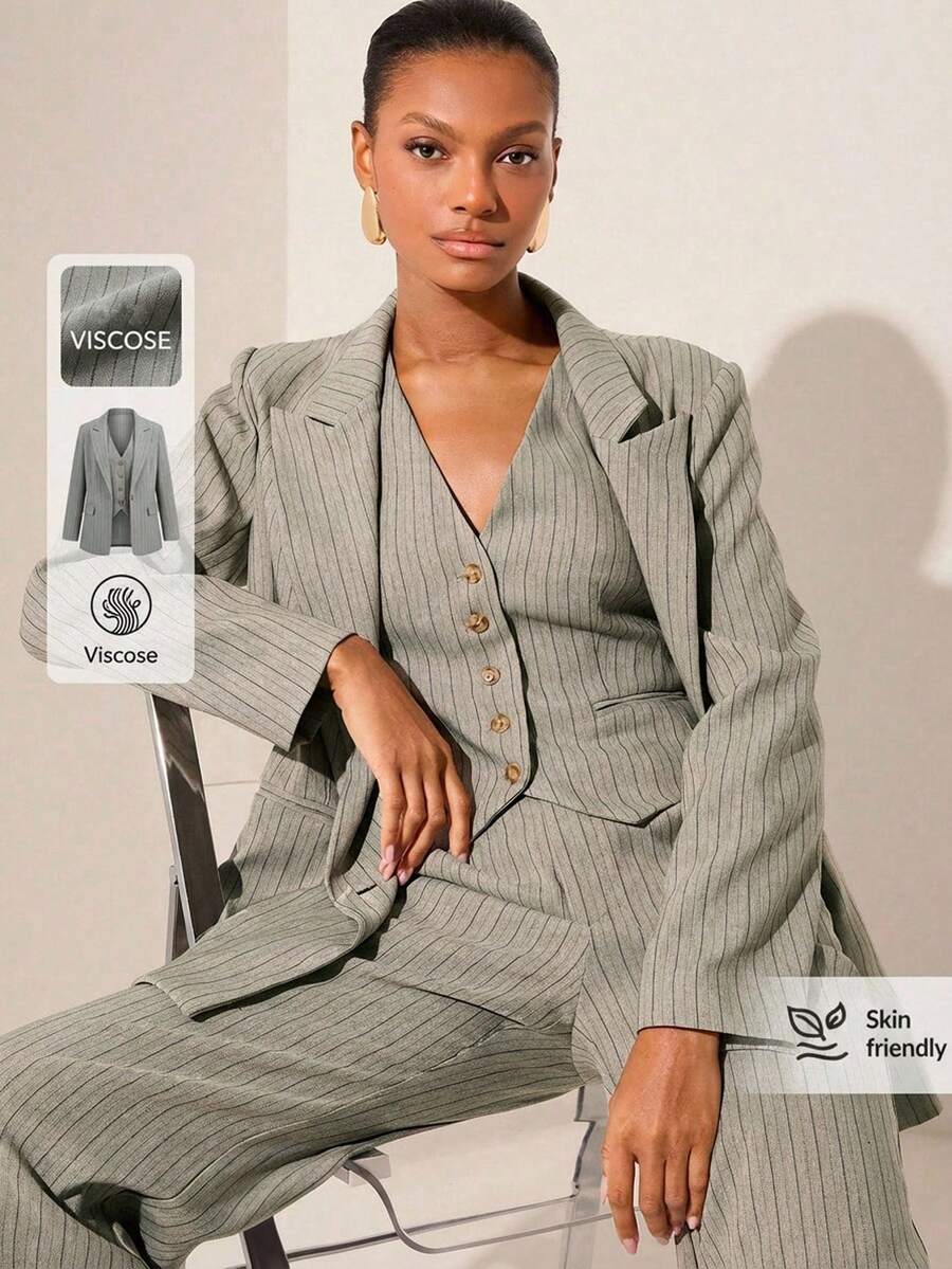 Lilora 女士条纹翻领双排扣西装外套和单排扣马甲休闲通勤套装，适合舞会、晚宴等场合，女士套装，女士职业套装，女士西装外套套装 - 彩色 - 查看 1