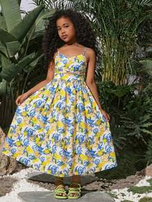 Tween Girls' Summer Fruit Print Camisole Jumpsuit, Fashion Beach Vacation Dress For Spring/Summer - Blue - View 8