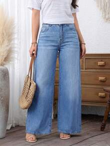 EMERY ROSE Plus Size Women Casual Washed Slant Pocket Loose Wide Leg Jeans - Light Wash - View 5
