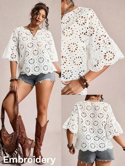 Freevana Plus Size Comfortable Solid Color Vacation Summer Hollow Out Embroidery Notched Neck Blouse Carnival Outfit Beach Casual White Valentine's Day