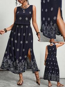 SHEIN LUNE Đầm không tay xẻ cao, kiểu dáng thường ngày, thêu hoa, phong cách nghỉ mát mùa hè dành cho nữ cỡ lớn. - Màu xanh hải quân - Xem 1