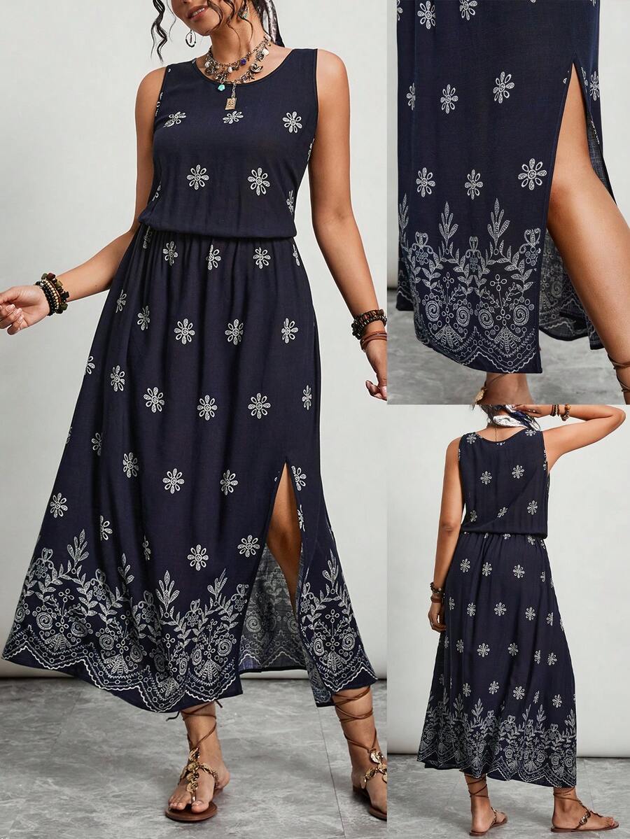 SHEIN LUNE Đầm không tay xẻ cao, kiểu dáng thường ngày, thêu hoa, phong cách nghỉ mát mùa hè dành cho nữ cỡ lớn. - Màu xanh hải quân - Xem 1