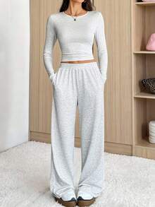 SHEIN Tall Women's Casual Long Sleeve Top And Pants 2 Pieces Set, Autumn Two Piece Set Women Comfy Long Sleeve Two Piece Set Casual Two Piece Set Casual Spring/Summer Women's Gym Clothes - Grey - View 8