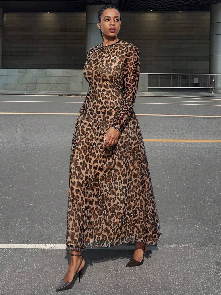 Maija Plus Size Women's Elegant Brown Leopard Print Maxi Dress, Autumn High Waist A-Line Fitted Gown,Night Out Club Party Holiday Vacation Outfit - Multicolor - View 1