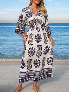 Swim Shayni 女士V领七分袖收腰长款开衩沙滩连衣裙，印花图案，可作罩衫 - 軍綠色 - 查看 5