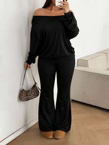 SHEIN PETITE CURVE Plus Size Women's Casual Everyday Commute Simple Solid Color Off-Shoulder Top And Flare Leg Pants 2-Piece Set, Spring/Autumn - Black - View 1