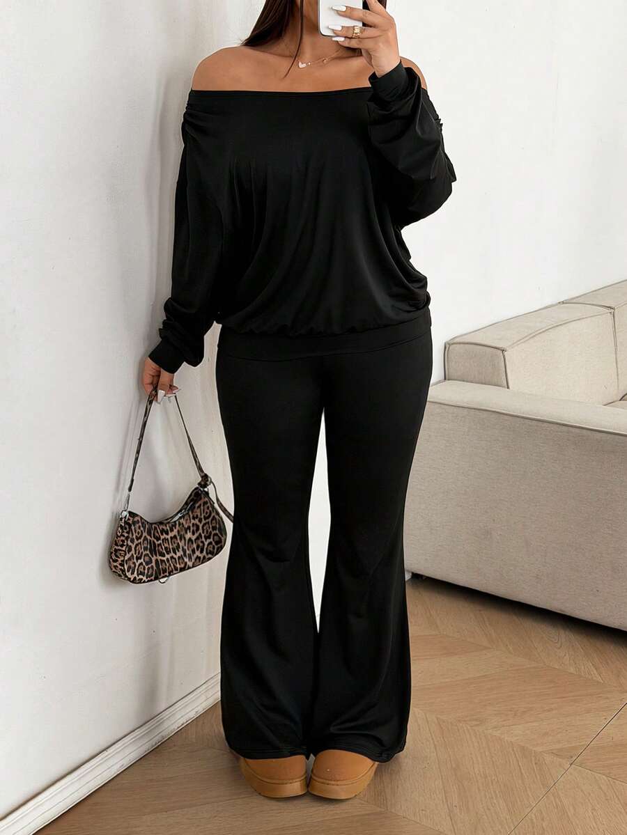 SHEIN PETITE CURVE Plus Size Women's Casual Everyday Commute Simple Solid Color Off-Shoulder Top And Flare Leg Pants 2-Piece Set, Spring/Autumn - Black - View 1