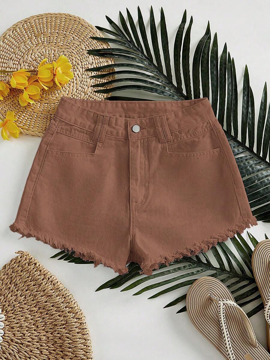 SHEIN Essnce Quần short denim nữ thường ngày, có túi và cài nút. - màu nâu - Xem 1