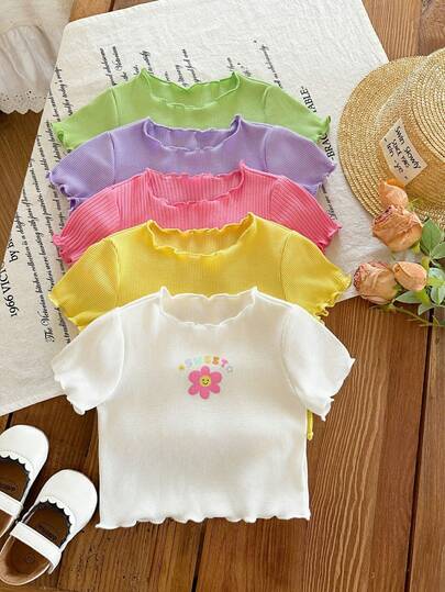 SHEIN 女婴可爱休闲针织碎花荷叶边下摆短袖上衣，多色