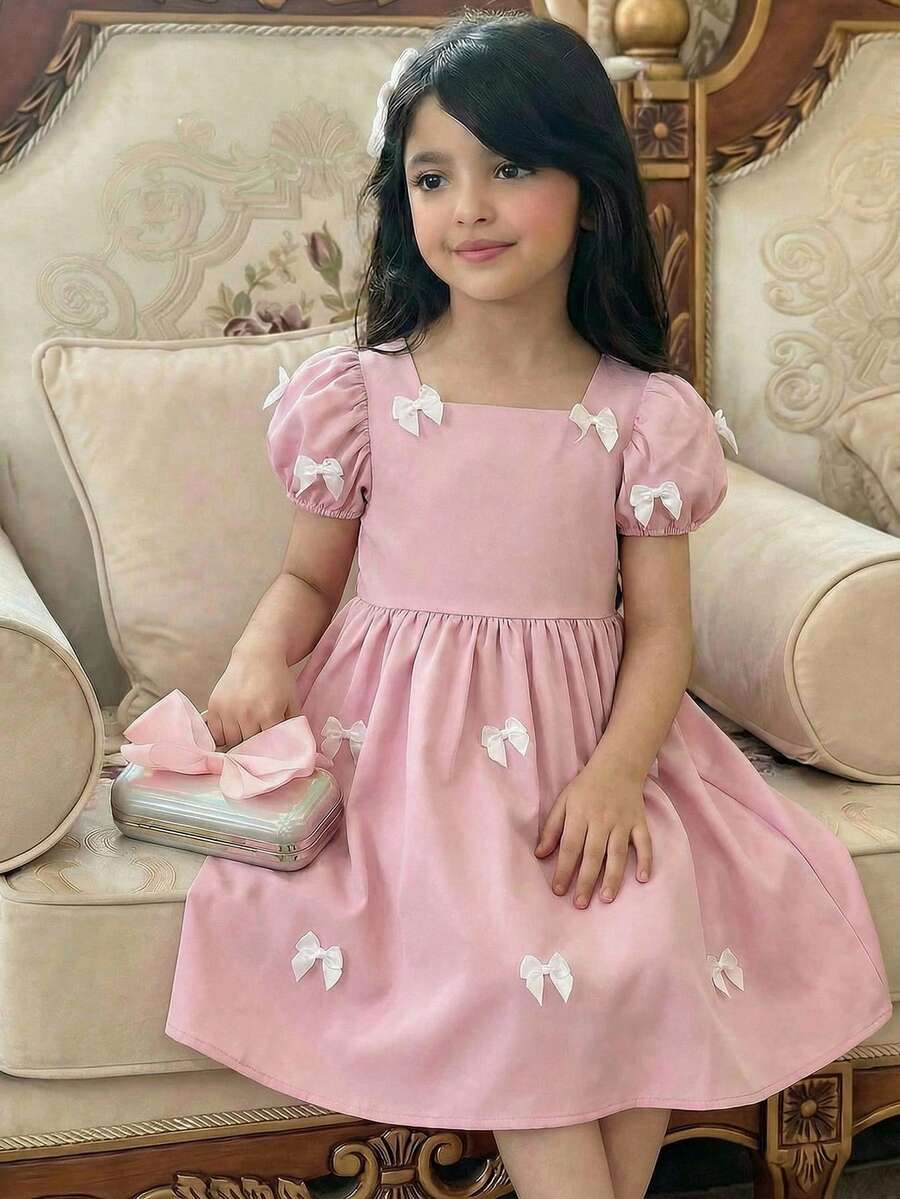 SHEIN Đầm dệt màu trơn cổ vuông tay phồng trang trí nơ cho bé gái - Hồng - Xem 1