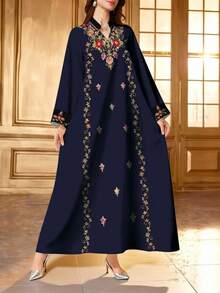 SHEIN Najma Elegant Dress With Geometric, Spiral And Striped Prints, Women's Fashion V-Neck Slit Collar Long Sleeve Dress, Graceful Arabic Style Outfit For Spring And Summer - Multicolor - View 1