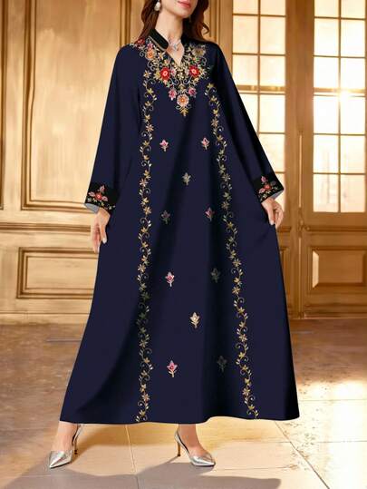 SHEIN Najma Elegant Dress With Geometric, Spiral And Striped Prints, Women's Fashion V-Neck Slit Collar Long Sleeve Dress, Graceful Arabic Style Outfit For Spring And Summer